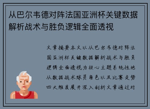 从巴尔韦德对阵法国亚洲杯关键数据解析战术与胜负逻辑全面透视
